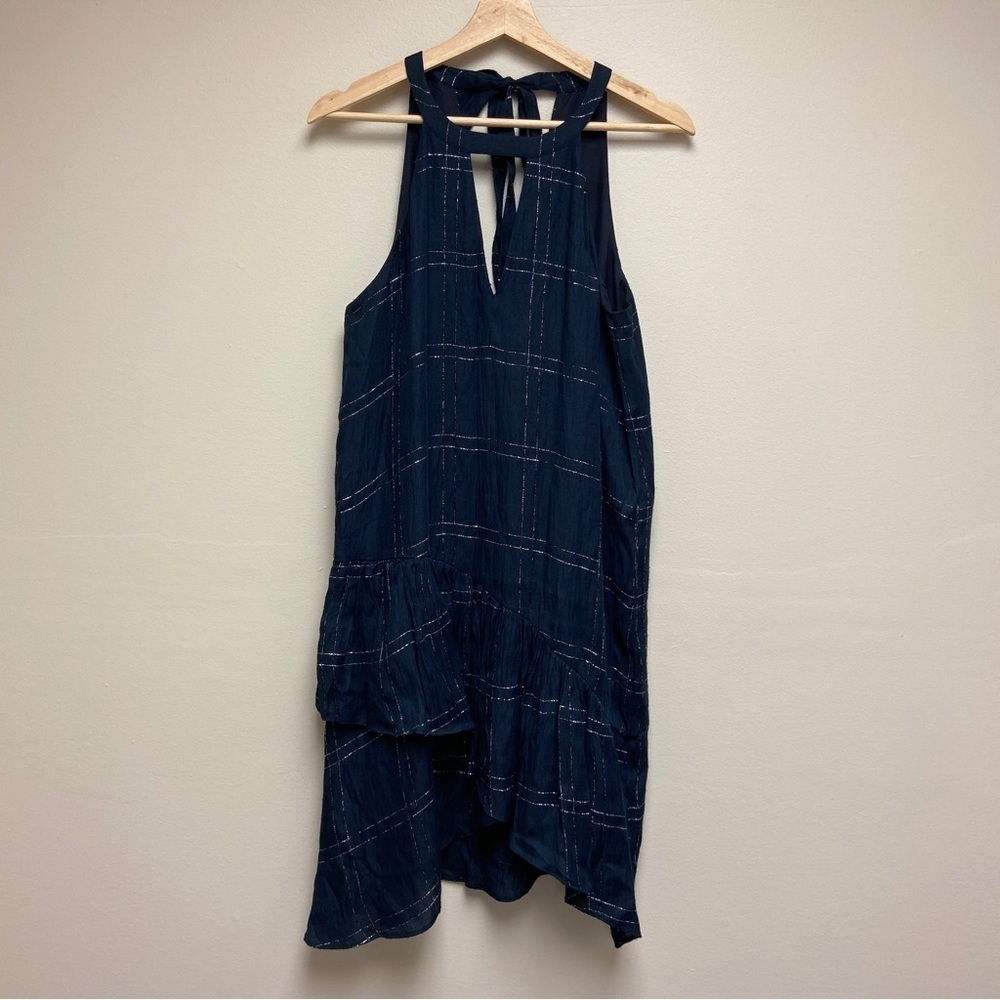 Parker Womens Navy Blue Silver‎ Metalic Plaid Flowy Mini Dress Size Medium
